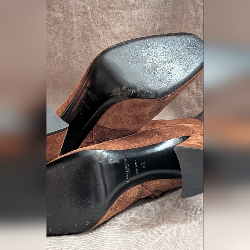 Saint Laurent Brown Suede Mid-Calf Block Heel Boots - Picture 4 of 5